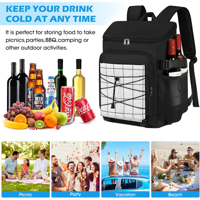 NUBILY 30L Insulated Cooler Backpack - Waterproof Cooler Bag Backpack - Large Insulated Cooler Bag - Thermo Lunch Bag for Camping, Outdoor Activities, Travel, BBQ, Hiking - Black