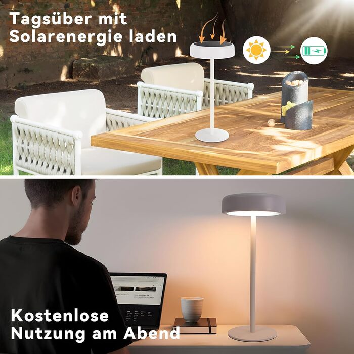 Настільна лампа на сонячній батареї з акумулятором LED, 2 шт. - Бездротова, з димером, сенсорна, біла, для дому та вулиці (IP44)