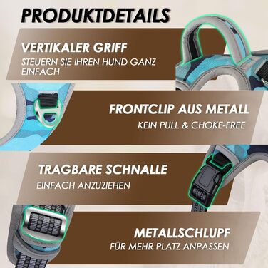 Шлейка для собак великих порід, анти-тяга, з 2 карабінами та зручною ручкою, регульована та світловідбиваюча, для щоденних тренувань (L), камуфляжний колір
