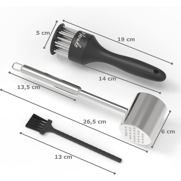 Набір Fleischklopfer Marindo: м'ясорубка, щітка для чищення та подвійний м'ясорубка з нержавіючої сталі | М'ясорубка, молоток для м'яса, мийка в посудомийній машині | М'ясорубка з 20 лезами з нержавіючої сталі