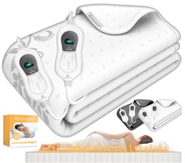 Електрична ковдра KESSER® з автовимкненням та пультом керування | Ковдра з 3 рівнями нагріву | Підігрівач для ліжка, матрацу | Тепла ковдра з м'якого флісу, білий колір - без візерунка (160 x 140 см)