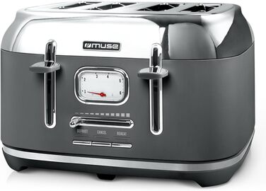Тостер Muse MS-131 BC із нержавіючої сталі, ретро-дизайн, 4-х місний, 6 рівнів підсмажування, з підсвічуванням, з шухлядою для крихт (сірий)