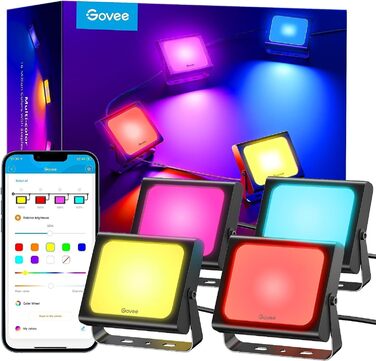 Govee Smart LED Flood Light, RGBICWW WiFi Outdoor Flood Light Works with Alexa, 2700-6500K, Dimmable LED Light with Color Changing, IP66 Waterproof, 4-Pack Outdoor Christmas Decoration