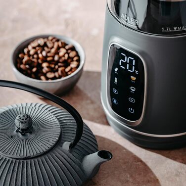 Електричний чайник Adler з регулюванням температури 2200W, 1.7L з LED-дисплеєм та сенсорною панеллю, 5 програм, функція підтримання тепла, фільтр, темно-сірий сріблястий колір