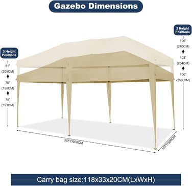 COBIZI Pavilion - Waterproof, Stable, Winter-Proof, Foldable, Pop-up Party Tent, Garden Pavilion for Beach Wedding, with 4 Side Panels, UV Protection 50+, Adjustable Height (Khaki, 3x4m)