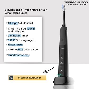 Електрична зубна щітка Tristan Auron SonicMaster - 55 000 вібрацій, 5 режимів, 60 днів акумулятора, UV-стерилізатор, 6 насадок, чорний колір