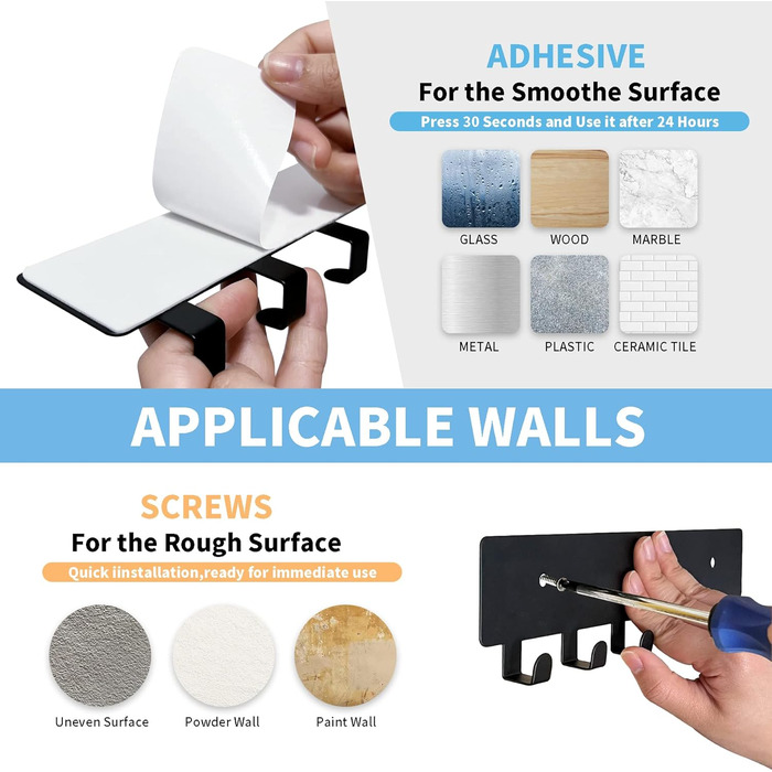 Настінний тримач для ключів GTK з 6 гачками, чорний. Настінна організація, ключниця для коридору