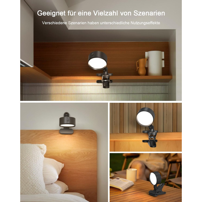 Нічник на ліжко акумуляторний бездротовий з USB-C, 5000mAh, з кліпсою, димуючий сенсорний пульт, 3 кольори, поворотний на 360°, для спальні, кемпінгу, чорний