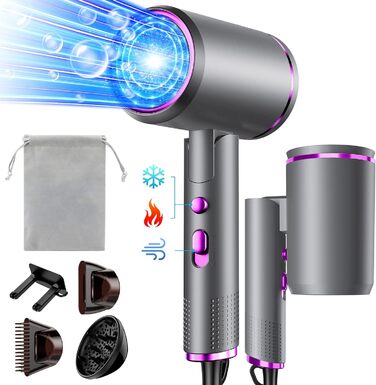 Фен Föhn 2400W з іонізацією, складний, для професійного та домашнього використання. Швидка сушка, гаряче/холодне повітря, мотор AC, дифузор, сумка (Сіро-фіолетовий)