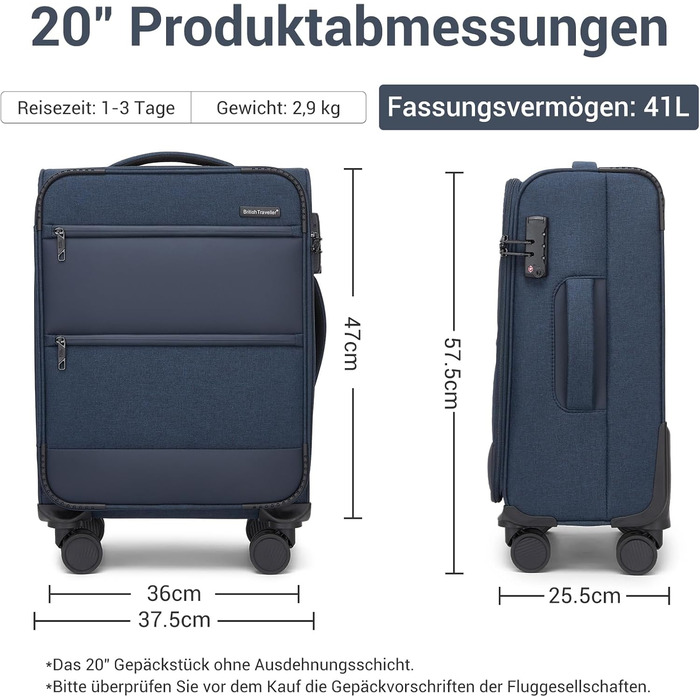 Розширюваний валіза British Traveller 100L, тканинний, з TSA замком, 79.5x49x32.5 см (Синій)