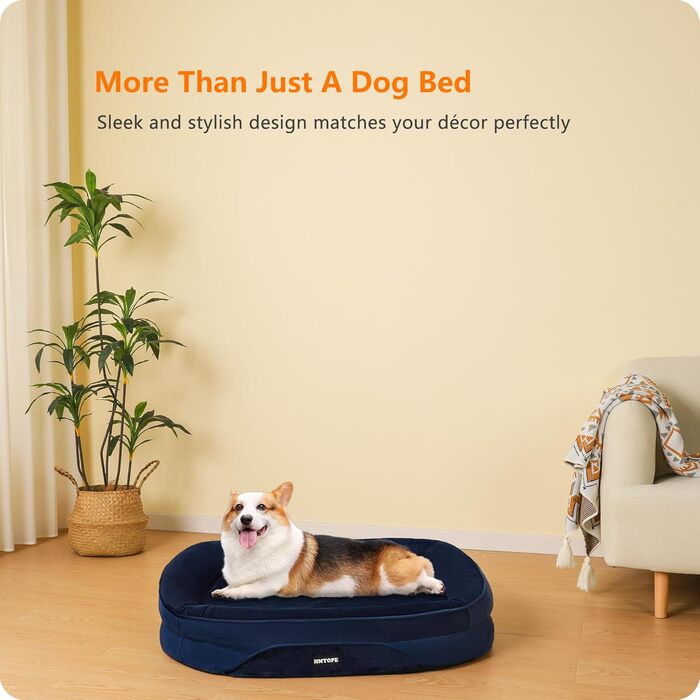 Ортопедичне ліжко для собак HMTOPE, собаче ліжко-софа з валиком для шиї, неслизьке дно, знімне та пральне, для маленьких та середніх собак, 90 x 71 x 15 см, темно-синій