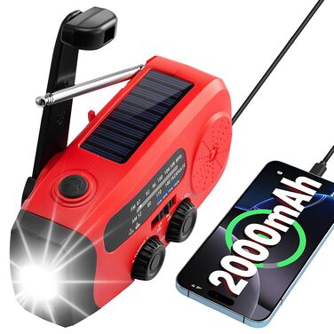 Радіо Kurbel з сонячною батареєю, 2000mAh – аварійне радіо, Power Bank, USB зарядний пристрій, ліхтарик, SOS сигнал для виживання, кемпінгу та надзвичайних ситуацій