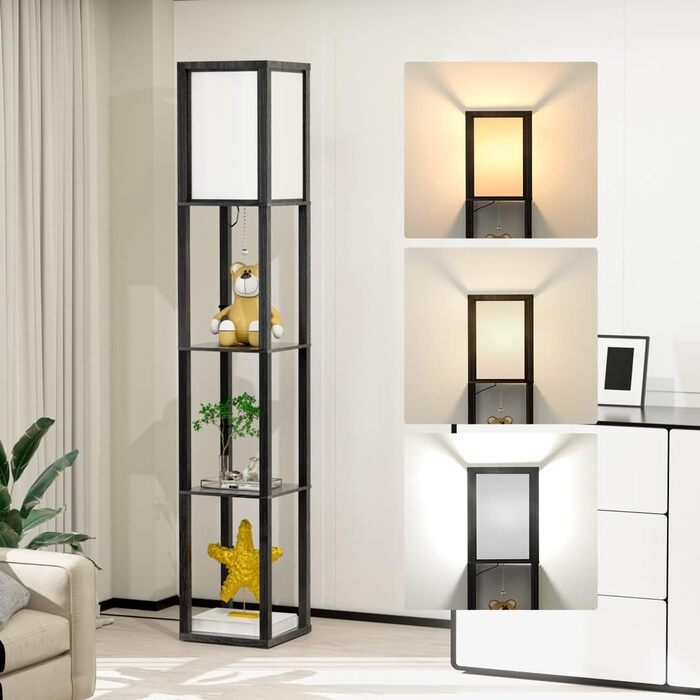 Світлодіодна торшер з дерева, 1.6м, з цоколюванням E27 (3000K-5000K), ретро торшер з 3 полицями, 3 колірні температури, настільна лампа з абажуром для спальні, кута, вітальні, офісу, чорний