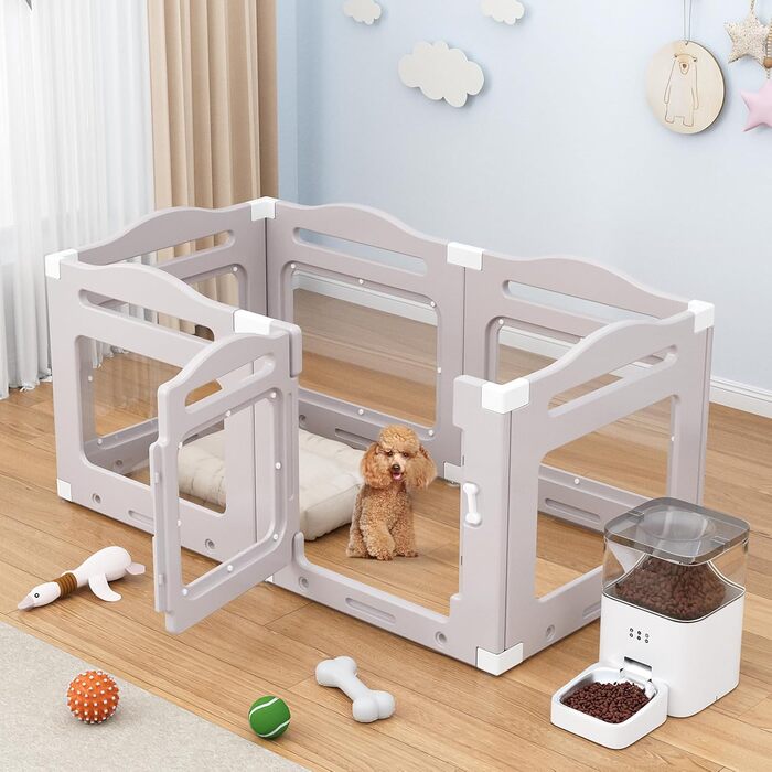 Клітка для цуценят з акрилу 60 см, 7 шт. + 1 вольєр для собак з дверцятами, без решіток, для дому, з присосками, прозора, теплий сірий (5+1)