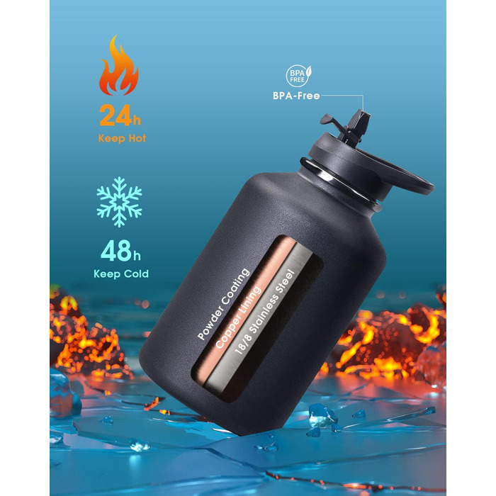 Coolflask 2L Stainless Steel Water Bottle with PU Leather Sleeve, Half Gallon Insulated Water Bottles with Straw Lid, Stainless Steel Metal Large Water Jug, Keeps Cold for 48h Hot for 24h, Polar Black