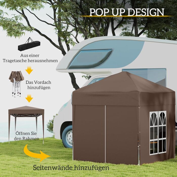 Outsunny 2x2m (6.5 x 6.5ft) Waterproof Gazebo, Pop-up Folding Canopy with 4 Side Walls, Drain Holes, Windows, Foldable Party Tent, UV 30+, Garden Tent with Carry Bag, Garden Gazebo for Patio, White (Brown)