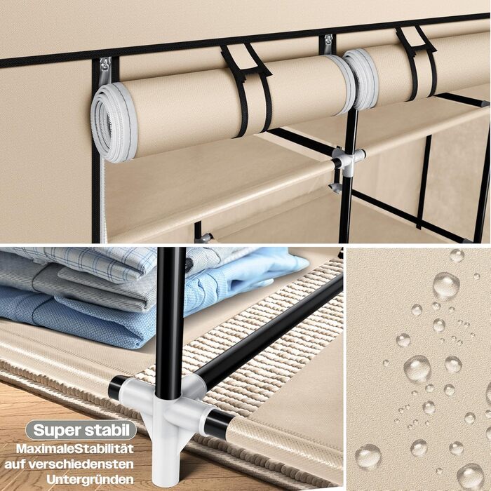 KESSER® Wardrobe Clothes Rack Stable with Clothes Rail & Shelves, Incl. 5x Clothes Hangers, Fabric Folding Wardrobe for Bedroom, Dressing Room Clothes Rack 150x45x175cm (Beige)