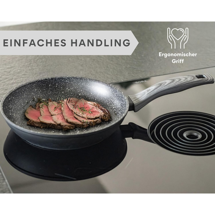 Набір сковорідок DIVORY 3 шт. (20, 24, 28 см) з антипригарним покриттям для всіх плит, включаючи індукційні. Безпечні ручки, придатні для миття в посудомийній машині. Ручки з імітацією сірого дерева.