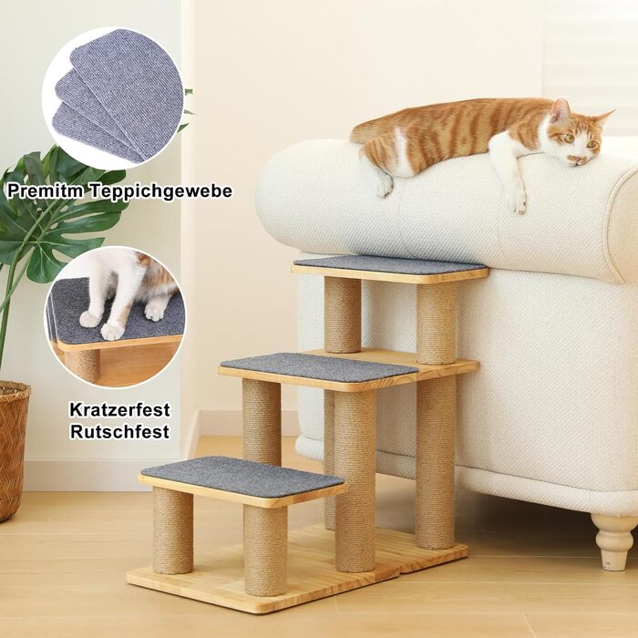 Сходинки для собак FUKUMARU, 3 сходинки, з натурального дерева та джуту, регульована висота 18-51 см, вантажопідйомність до 90 кг, знімний м'який килимок, 6 варіантів комбінації кольорів, підходить для котів та собак