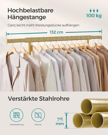 SONGMICS Clothes Rack on Wheels, Heavy-Duty Garment Rack, Extendable Clothes Rod, Load Capacity up to 100 kg, Easy Assembly, Portable, HSR13S (Pale Gold, (92-132) cm Width)