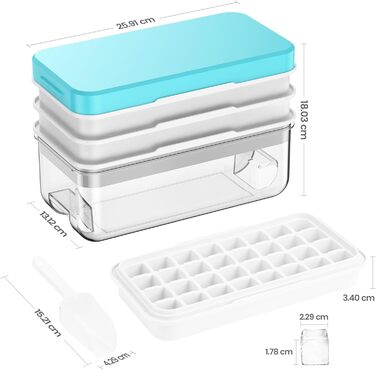 Ice cube mold, ice cube container, 96 ice cubes, ice cube mold with lid, with 3 trays, easy push to release ice, leak-proof, cooling for cocktails, whisky, coffee, blue