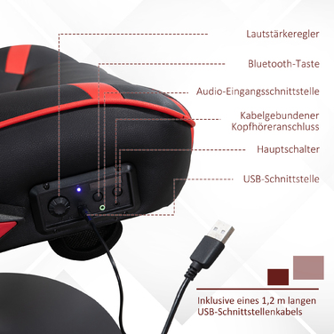 Vinsetto Adjustable Gaming Chair with Rocking Function, Ergonomic, Speakers, Lumbar and Headrest Support, Faux Leather