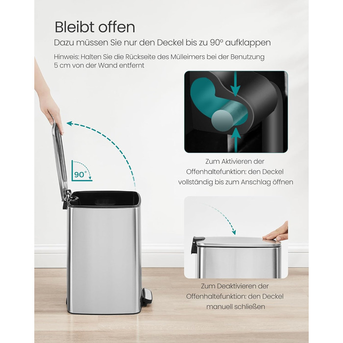 Відро для сміття SONGMICS 20 л з педаллю, сталеве, з внутрішнім відром, Soft-Close, металік срібло