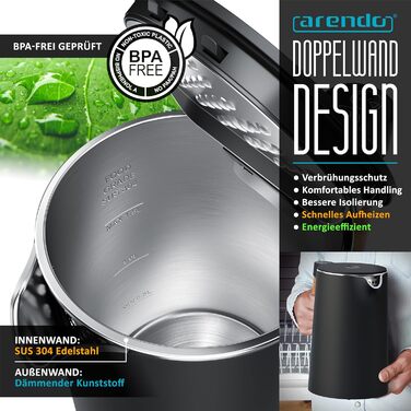 Електричний чайник Arendo з регулюванням температури, 1.5л, нержавіюча сталь, подвійні стінки, BPA Free, функція підтримки тепла, чорний матовий (Set 1)