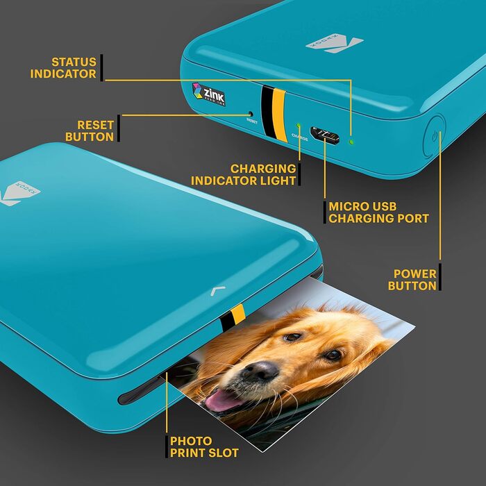 Фотодрук KODAK Step: Портативний міні-принтер для фото з телефону - Bluetooth, iOS & Android, 2x3” фото на Zink, блакитний