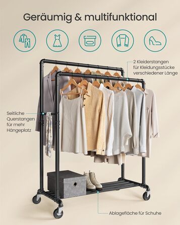 SONGMICS Clothes Rack, Clothes Rail, Coat Rack with 2 Clothes Rails and Shelf, Wheels, Load Capacity up to 110 kg, Industrial Design, for Bedroom, Dressing Room, white HSR060W01 (Black)
