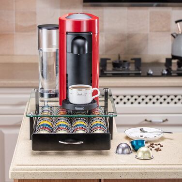 Підставка для капсул кави FlagShip, органайзер для Nespresso Vertuo, чорний металевий ящик на 40 капсул (з скляною кришкою)