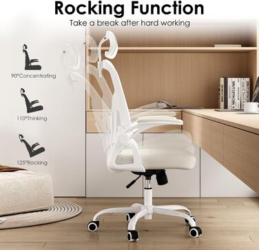 Ергономічне крісло Farini з регулюванням висоти, для офісу та дому, з підголівником, 150 кг, на роликах (білий)
