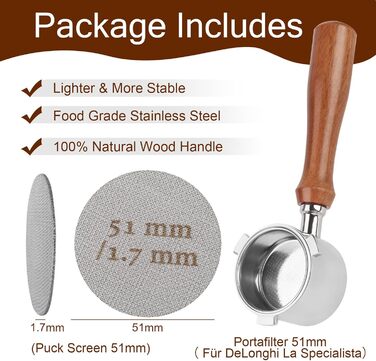 Кавовий фільтр PTSBENCO 51 мм з Puck Screen для еспресо, сумісний з La Specialista EC9335M, EC9155M, EC9355M, EC9665M, з нержавіючим ситом і ручкою з волоського горіха