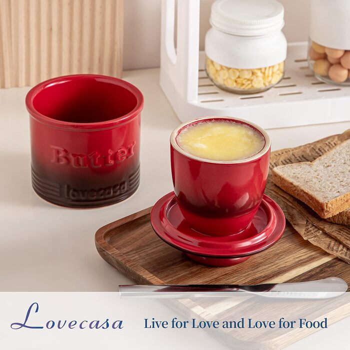 Porcelain Butter Dish for Countertop, LOVECASA Butter Holder with Water Line, French Butter Box with Lid, Ceramic Butter Container, no more hard butter, perfectly spreadable consistency (red)