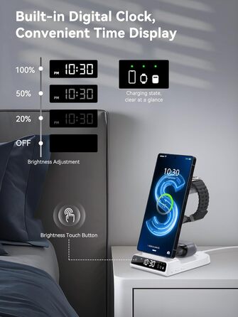 Бездротовий зарядний пристрій 3-в-1 для Samsung Galaxy S25 Ultra, Watch 8/7/Ultra, Buds, з цифровим годинником