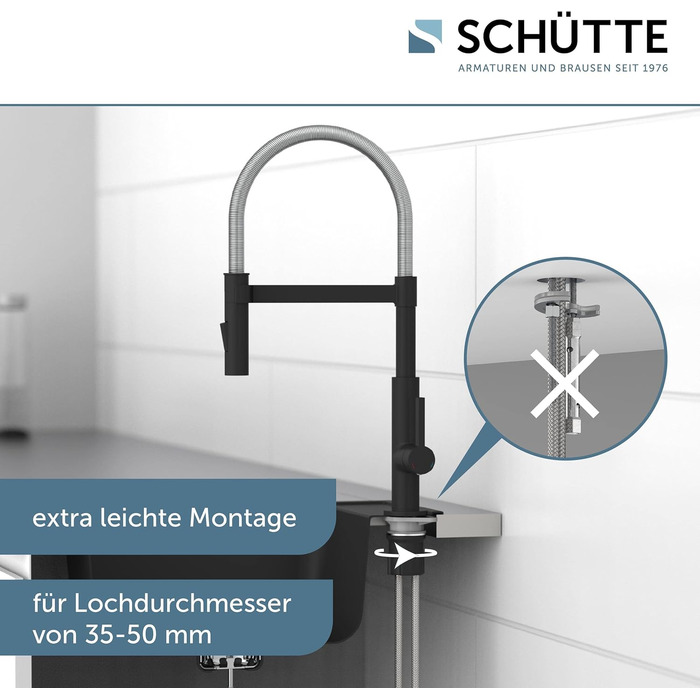 Кухонний змішувач SCHÜTTE 79147 MIAMI з висувною насадкою, поворотним гусаком 360° та Soft Touch, для раковини (хром/чорний)