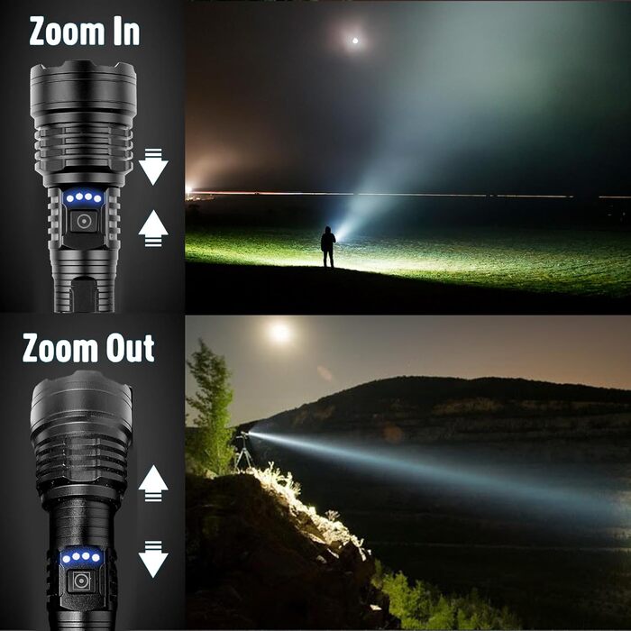 Повторно заряджувана ліхтарик 500000 люменів, надпотужний LED ліхтарик з акумулятором та USB-кабелем, тактичний ліхтарик, 5 режимів для кемпінгу, надзвичайних ситуацій та читання