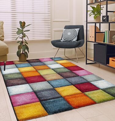 Monde Deluxe Living Room Carpet, Hand Carved, Short Pile, Colorful, Multicolored, Blue, Red, Brown, Green, Grey, Checkered, 80 x 150 cm, Multicolored