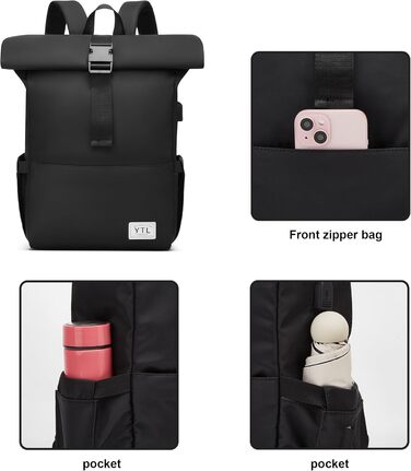 Чорний водонепроникний рюкзак YTL Rolltop з відділенням для ноутбука 17 дюймів. Ідеальний для подорожей, школи, університету та велоспорту.