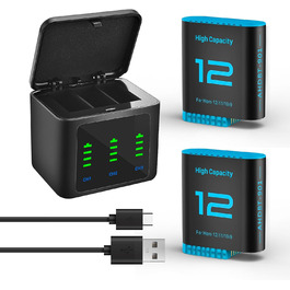 Зарядний комплект Hero12: 2 акумулятори 2580mAh + триканальна зарядка з LED-індикатором для GoPro Hero 12/11/10/9 Black