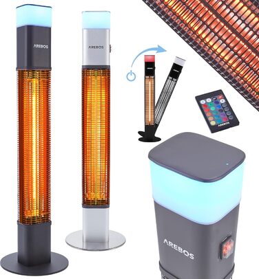 Електричний інфрачервоний обігрівач Arebos 1500W з LED-підсвічуванням та пультом керування | Обігрівач для тераси, вуличний, чорний