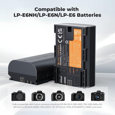 Акумулятор Canon LP-E6NH 2600mAh (2 шт.) з зарядним пристроєм (2 слоти) - сумісний з EOS R7, R5, R6, 5D II, III, IV, 6D, 6D II, 7D, 7D II, 60D, 70D, 80D, 90D