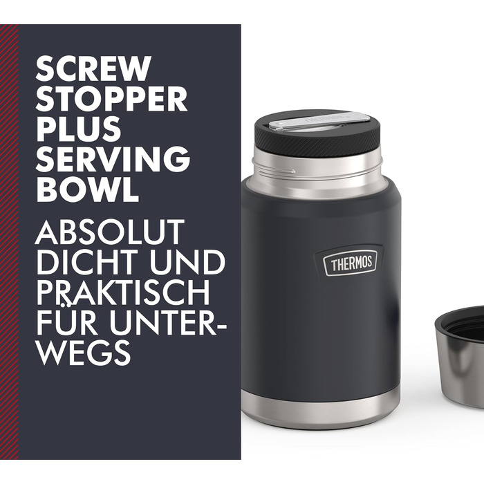 Термос ICON Food Jar 0,71 л, темно-сірий/графітовий мат, контейнер для їжі 710 мл, з подвійних стінок з нержавіючої сталі 18/8, зберігає тепло та холод, з відкидним ложкою, неслизьке дно, абсолютно герметичний