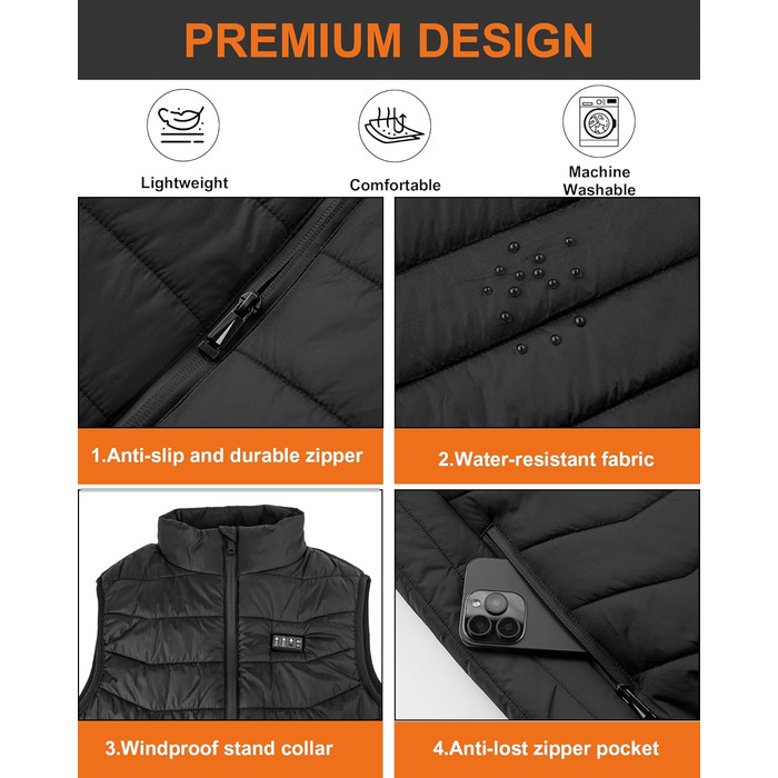 Обогреваемый жилет для мужчин и женщин с 26 зонами обогрева – жилет с поддержкой 5V/7.4V, быстрый нагрев, 4 зоны управления – идеально подходит для зимней велоспорта, кемпинга и работы – без аккумулятора, черный, XL