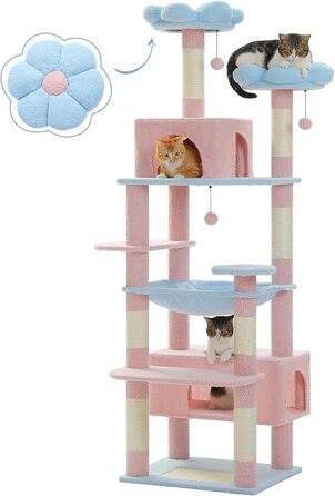PAWZ Road Дряпка для котів великих порід, 184 см, з гамаком, 7 стовпчиків для дряпання, велика полиця, кошик, синій