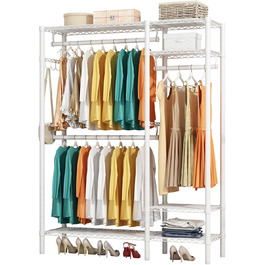 KZOBYD Clothes Rack, Freestanding Clothes Rail with Shelf Metal Wardrobe with Hanging Rods Open Closet with 4 Adjustable Shelves for Coats, Dresses, Shoes (White)
