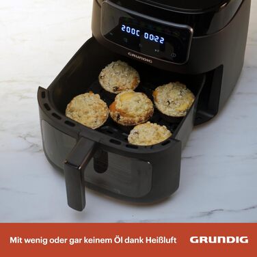Аерофритюрниця Grundig FRY 7320, 7,6 л, 1750 Вт, сенсорний дисплей, велике оглядове вікно, регулювання температури і часу, антипригарне покриття, кошик для посудомийки, чорна