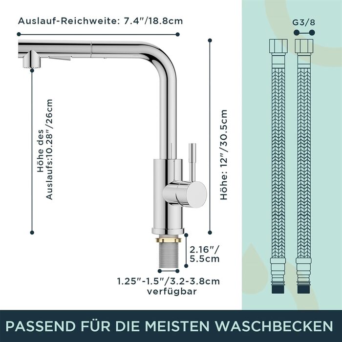 Змішувач для кухні FORIOUS з висувною лійкою та душем, 360° обертання, 2 режими, полірована хром