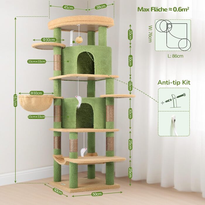 Котячий будиночок Globlazer з когтеточкою, 167 см, кутовий, зелений, для 3-4 котів
