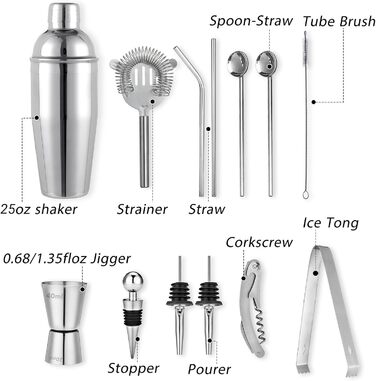 Cocktail Set, Godmorn Stainless Steel Shaker Set, 15-Piece Bartender Set with Improved Bamboo Stand, Recipe Book, Measuring Jigger, and Bar Spoon, 550 ml Gift Set for Home or the Bar